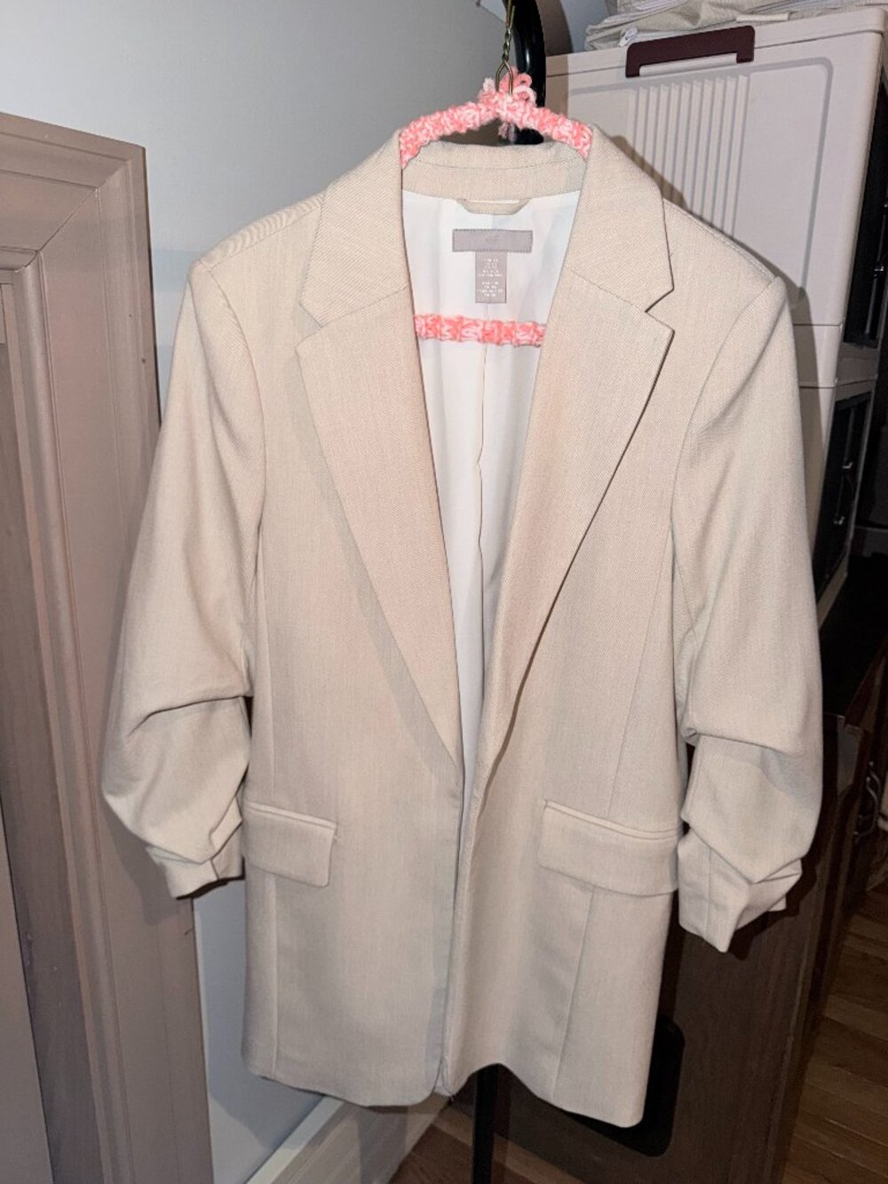 H&M Beige Ruched 3/4 Sleeve Longline Blazer XS